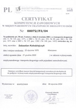 Certyfikat kompetencji zawodowych w miedzynarodowym transporcie drogowym osb.